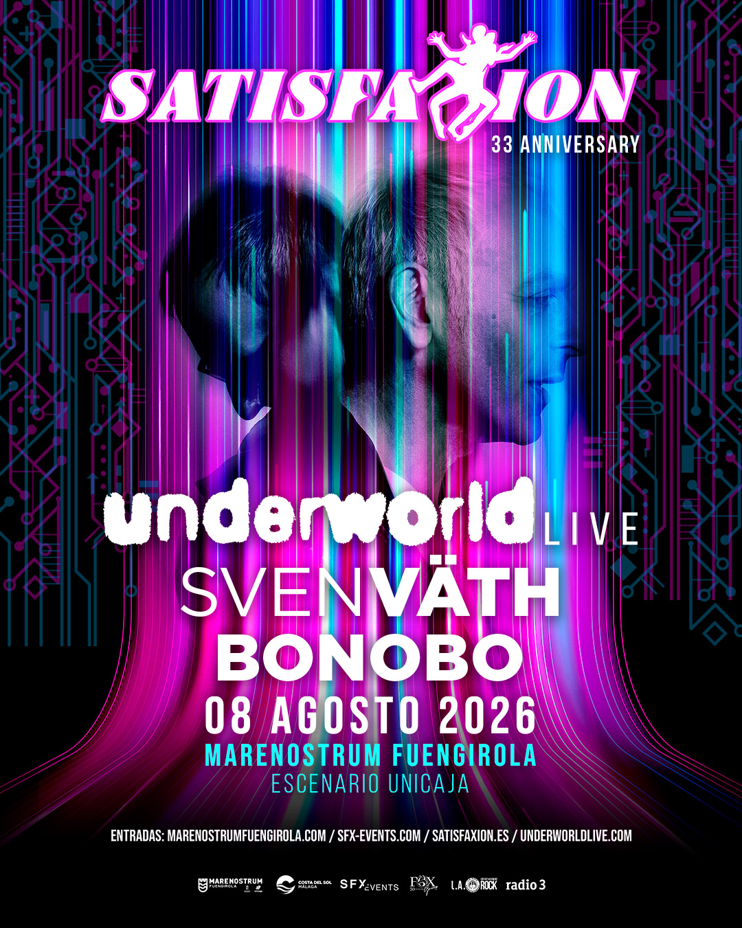 Underworld, Sven Väth y Bonobo llevarán Satisfaxion 30+3 a Marenostrum Fuengirola
